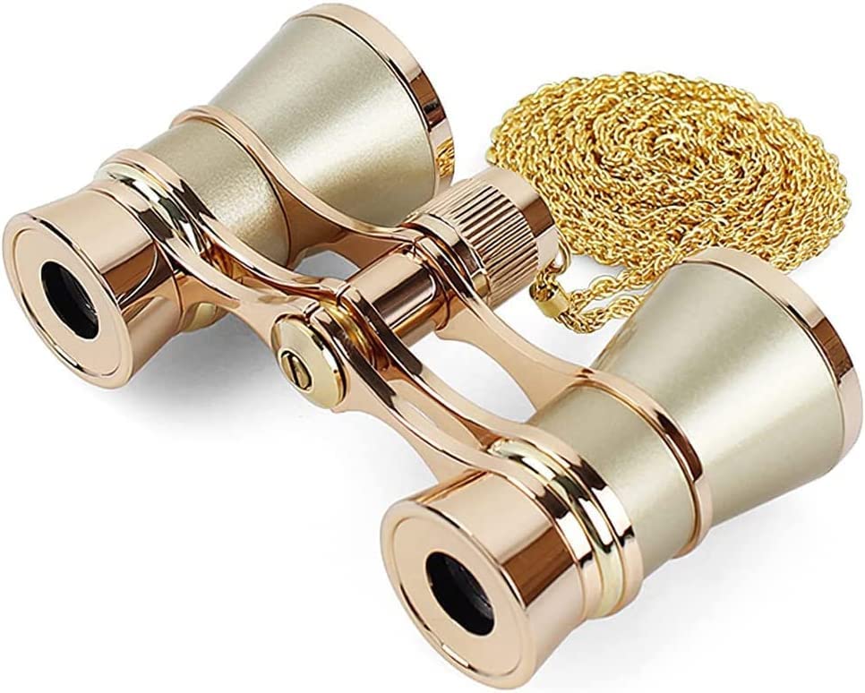 Lightweight, compact, vibration-proof binoculars for concerts, opera, and stage performances. Includes a strap, storage bag, and metal chain. Center