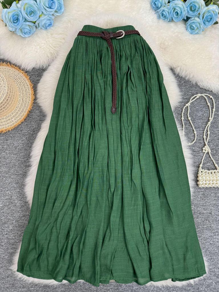 European & American A-line Pleated Cotton Linen Skirt with Elastic Waist - Mid-Length, Versatile, Women's