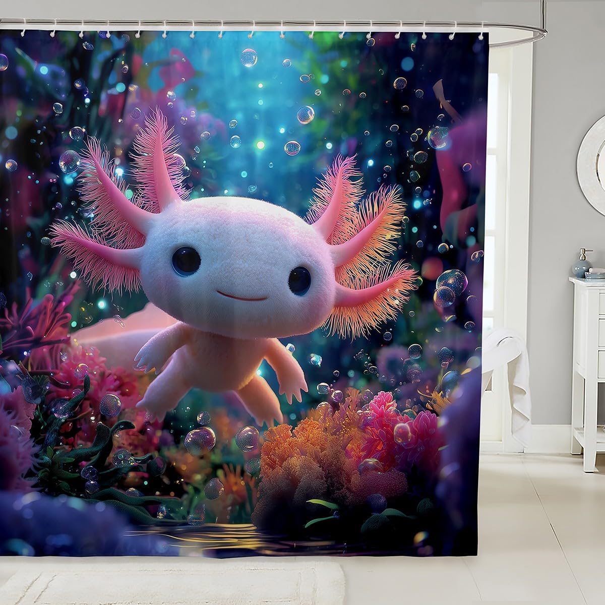 

Lovely Axolotl Shower Curtain Set, Sealife Salamander Bathroom Accessories Cute Pet Blue Ocean Newt Print Decor Nautical Sea W60H190(CM)-1 Pcs