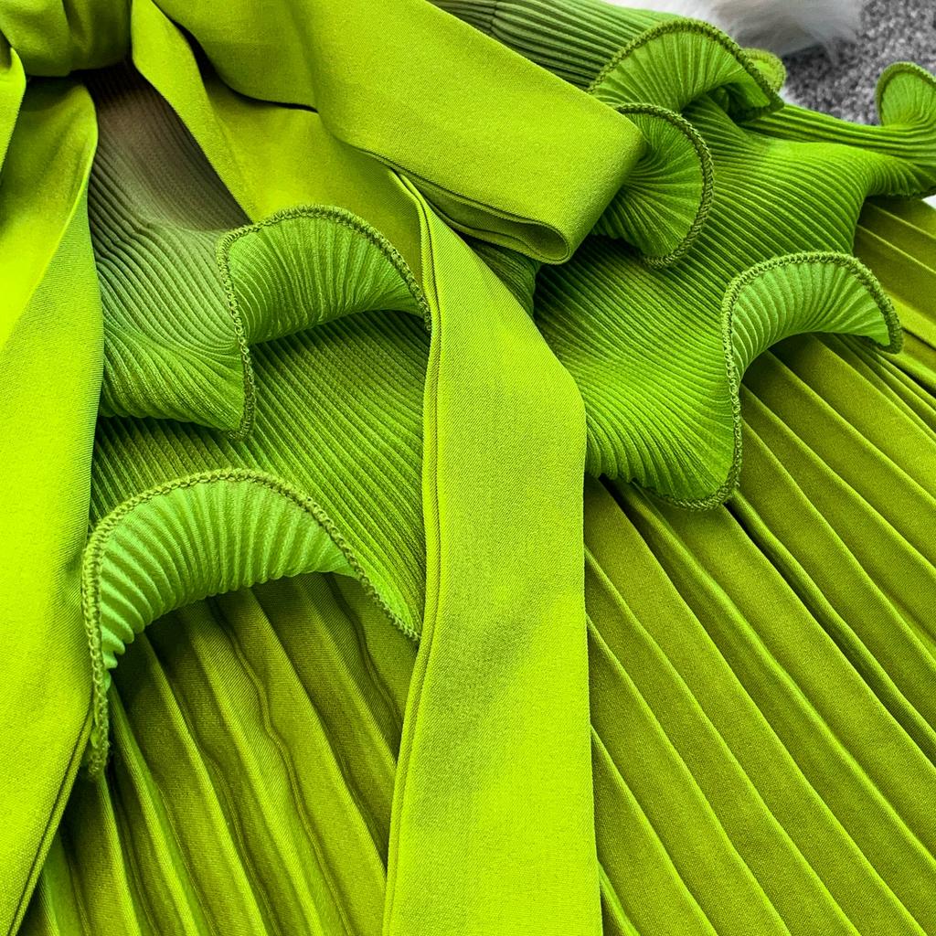 Elegant Beaded Embroidery Oversize Pleated Dress Women Summer Gradient Pink Green V Neck Ruffle Belt High Elastic Midi Dress