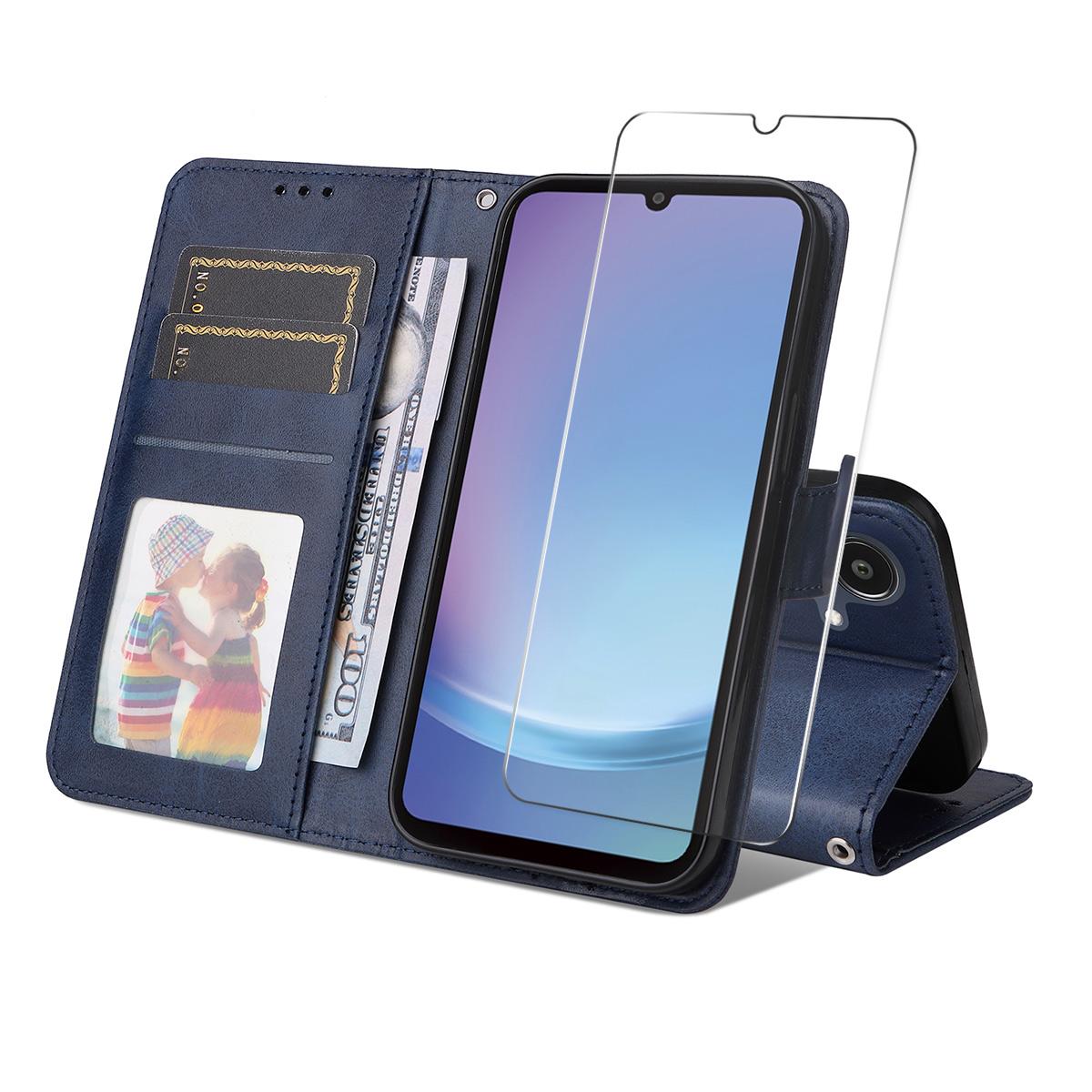 

For Samsung Galaxy A07 4G PU Leather Wallet Case ENKAY HAT PRINCE Phone Stand Cover with Tempered Glass Blue