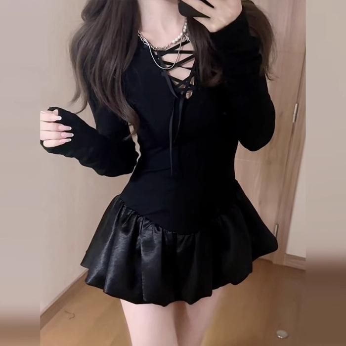 

Black dress children s spring clothes new short skirt spring Korean wear a whole suit feeling spring and autumn S