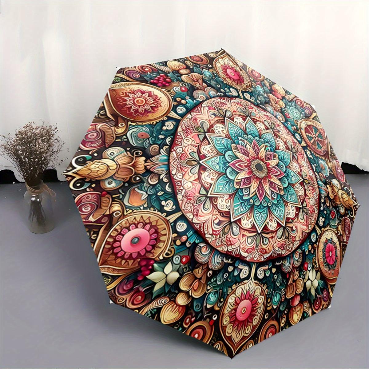 

[Christmas] Automatic Folding Umbrella Intricate mandala floral design. Portable collapsible design, casual outdoor accessory, Iron&8K