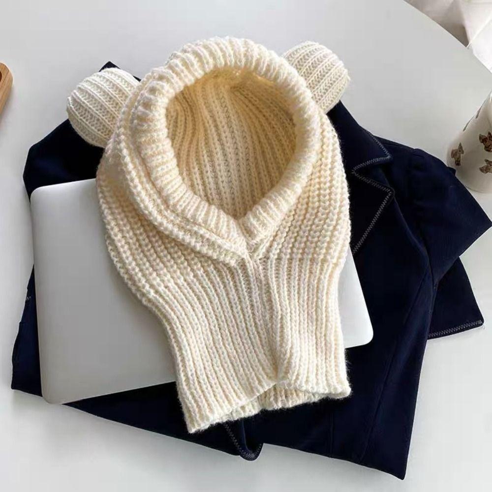 Knitted Integrated Cap Scarf Little Bear Ear Beanie Hat Scarf Skiing Bicycle Cycling