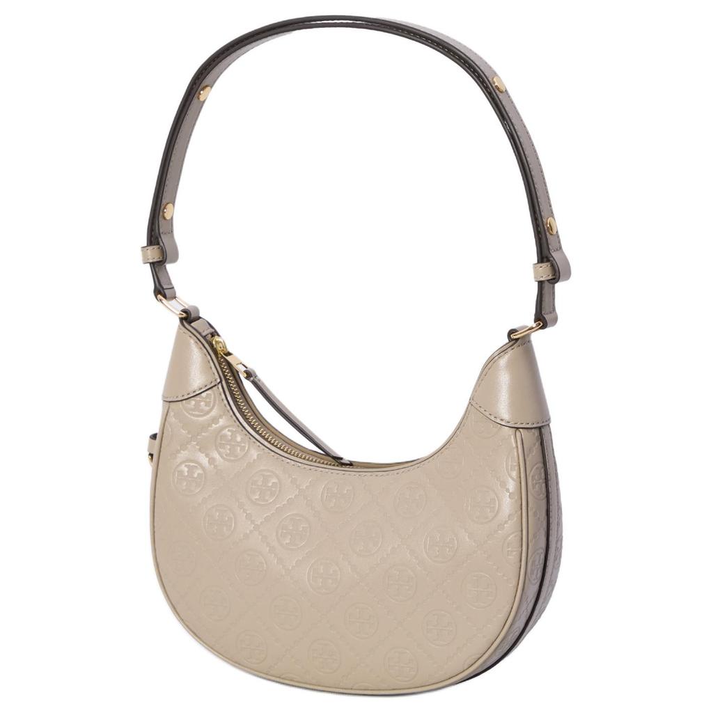 Tory Burch T Monogram Crescent Embossed Pattern Zip Closure Leather Shoulder Tote Bag Women Bags Gray 158514-202