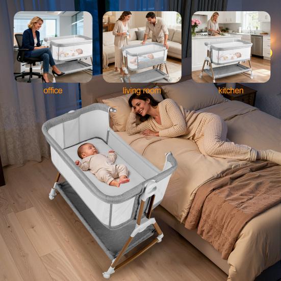 Height Adjustable Bedside Crib 3 In 1 Baby Bassinet Rocking Bassinet with Soft Mattress Wheels Bassinets 6 Adjustable Easy Folding Portable