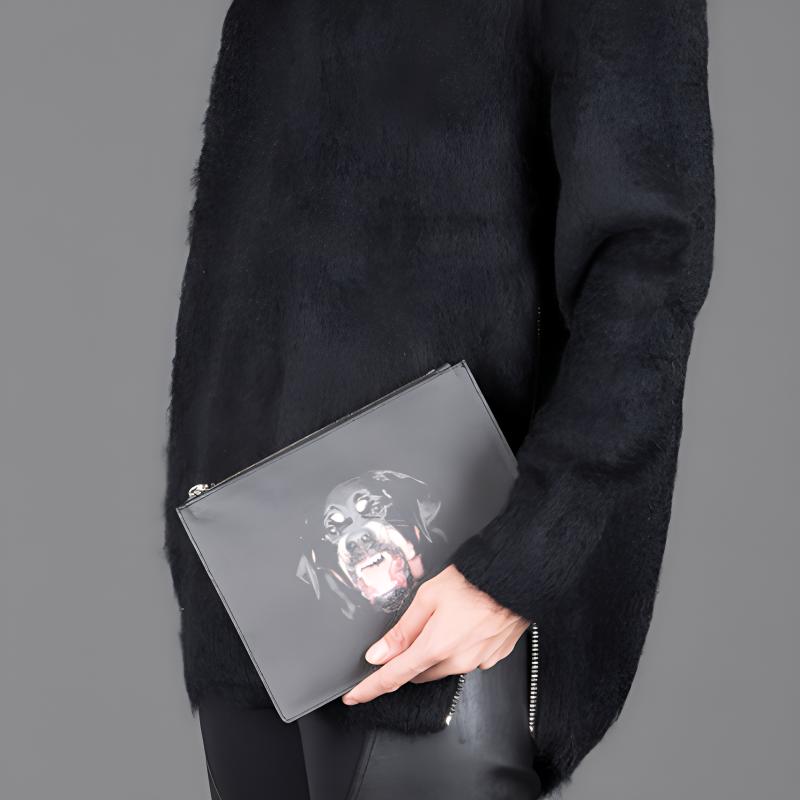 Givenchy Hundekopf-Aufdruck Reißverschluss Baumwolle/Polyester/Polyurethan Clutch-Tasche Mittelgroße Unisex-Clutch-Tasche Schwarz BK06071337-960