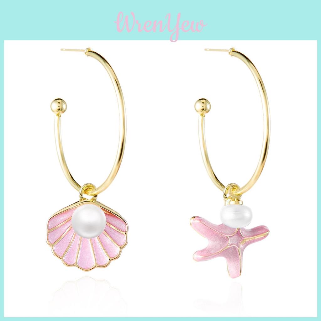 Summer Shell Pearl Drop Earrings For Women With Alloy And French Asymmetric Design