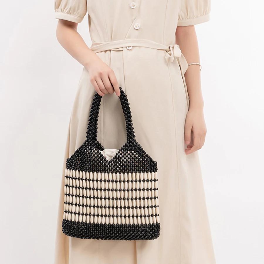 Fashion Hand-knitted Hollw Out Clutch Bead Woven Purse and Handbags Vintage Patchwork Shoulder Bag Female Summer Beach Totes Sac
