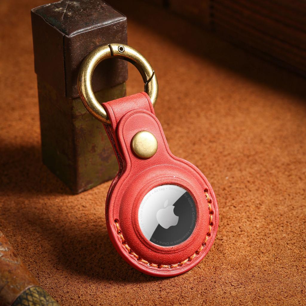 100% Handmade Case For Apple Airtag Case Genuine Leather Air Tag Holder Full Protective Tracker Case with Loop Key Ring