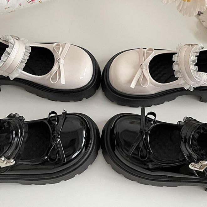 Black French retro bow platform small leather shoes women's 2025 new summer versatile skirt Mary Jane shoes