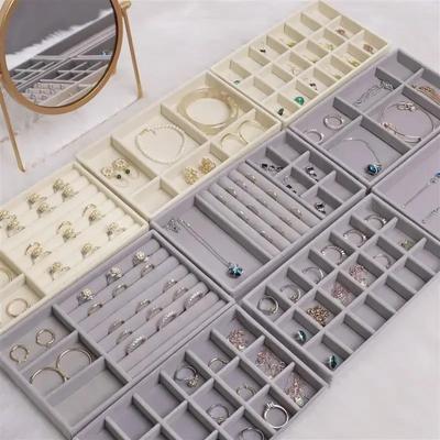 Velvet Jewelry Storage Box Necklace Stackable Display Tray Bracelet Earring Organizers DIY Handicrafts Drawer Box Grey