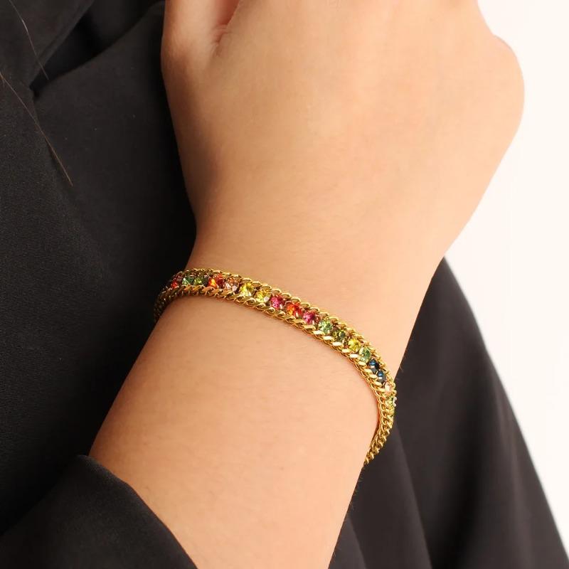 Stainless Steel Colored Zircon Bracelet, Light Luxury Elegant Bangle, Niche Personalized Tennis Chain Jewelry