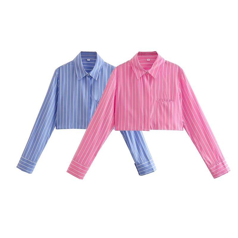 Kaslead Lapel Long Sleeves Striped Short Style Poplin