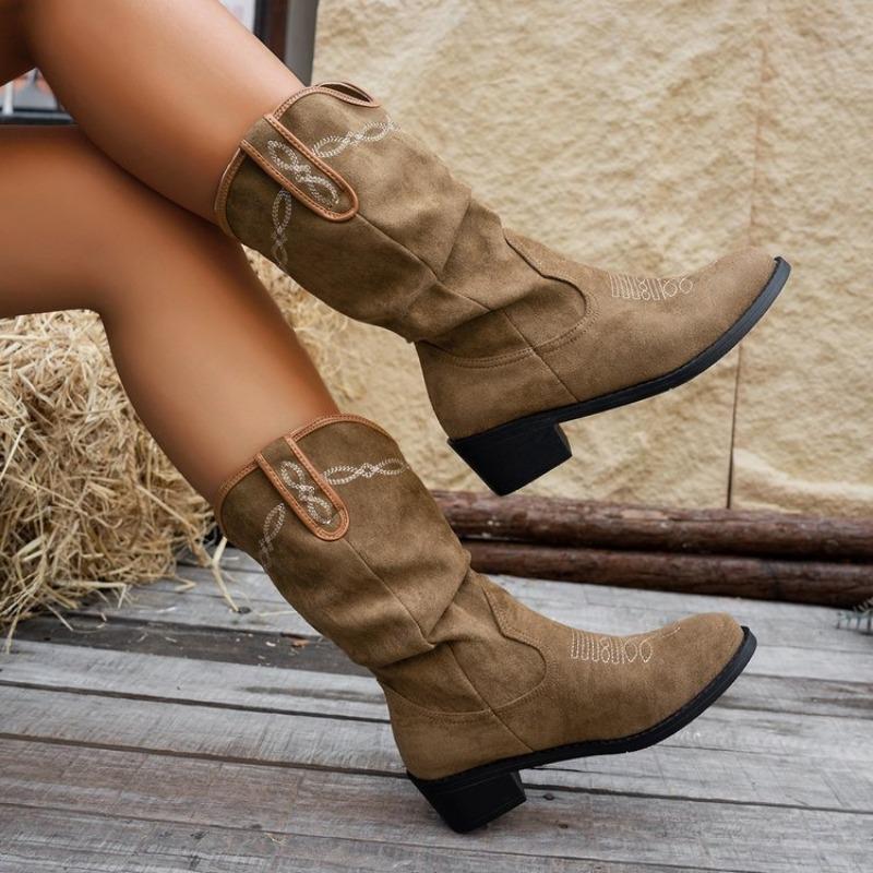 Vintage Stickerei Dicke Ferse Westernstiefel Vielseitige Schaft Cowboystiefel Vielseitiger Reiseurlaubsstil Niedrige Ferse Kurze Stiefel Damen