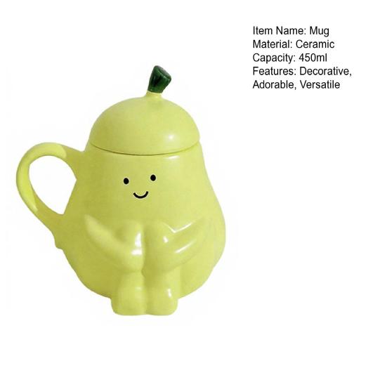 Keramický hrnek ve tvaru hrušky s víčkem Roztomilý vtipný hrnek na kávu a čaj se smějící tváří 450 ml Pohodlné ucho Nápojový hrnek Dárek k narozeninám Domácí dekorace