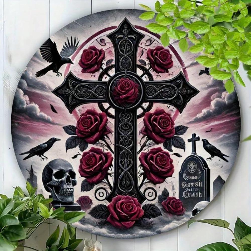 Vintage Gothic Metal Wall Art Tin Sign Halloween Skull Cemetery Decor