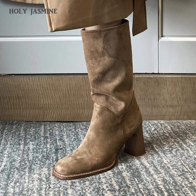 Fashion New Kid Suede Retro Women Boots Autumn Winter Slip-On Mid-Calf Boots for Women Square Toe Square Heel Basic Shoes High(5cm-8cm)