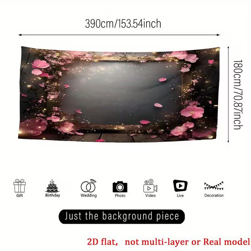 2D Dark Floral Tapestry Pink Rose Frame with Glowing Fairy Lights Party Background Cloth