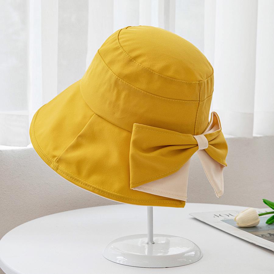 Koreanischer zweifarbiger Sonnenhut mit breiter Krempe und Schleife für Damen - Flacher Oberteil, Schlitz hinten, UV-Schutz