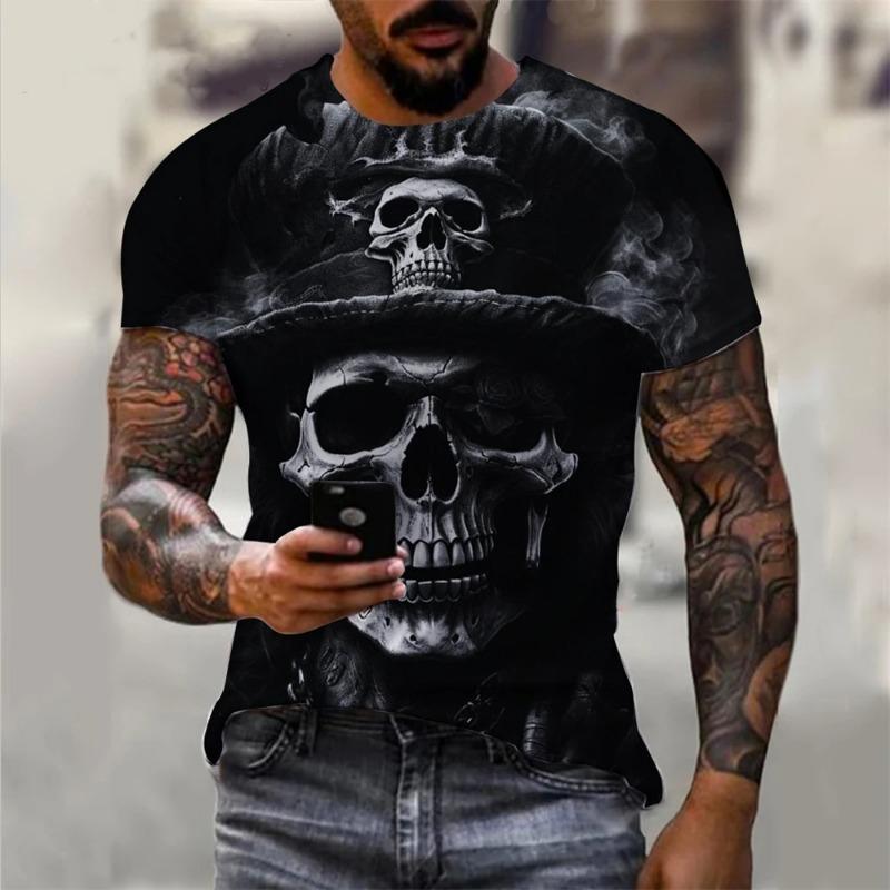 

Мужская летняя винтажная футболка с 3D-принтом черепа, топы, модная футболка с коротким рукавом и круглым вырезом, уличная мужская футболка XS