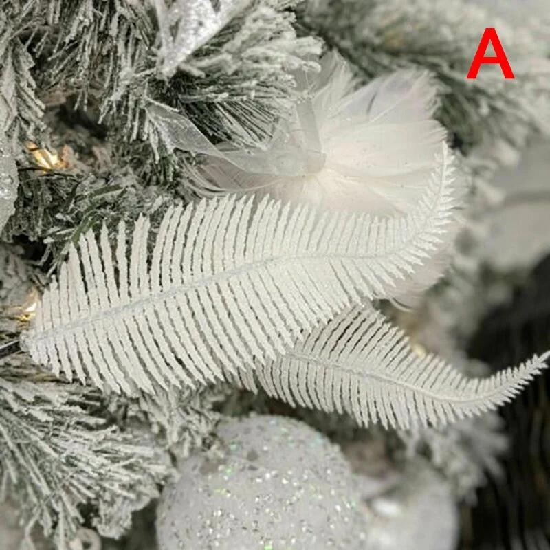 6Pcs Gold Silver Glitter Feathers Christmas Tree Ornament Simulation Leaf Plant Decor Home Wedding