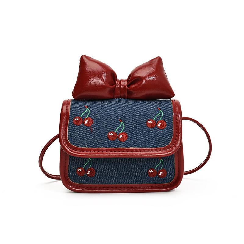 Children Bow Cherry Fruit Pattern Mini Purse With Embroidery Key Girls Holder