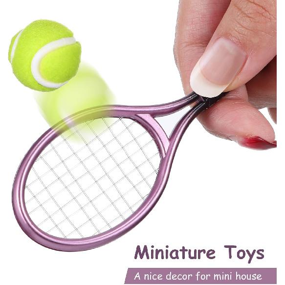 Kisangel 2 Sets Mini Tennis Racket and Ball Set 1:12 Miniature Tennis Kit Dollhouse Tennis Toy Mini Tennis Cake Topper for Sports Equipment