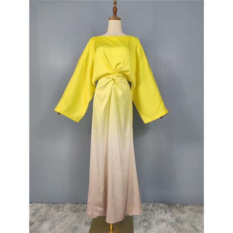 

Foreign Trade Order High Goods Texture H Home New Smooth Satin Gradient Color Bat Long sleeve Kinked Waist Hugging Dress Women Tie-dyed yellow 2XL