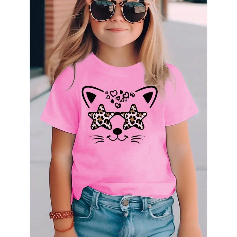 European Size Girls Round Neck Short Sleeved T Shirt with Star Eyed Cat Pattern
