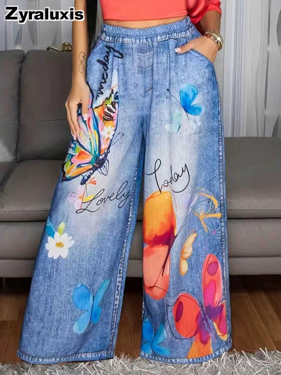 Bestselling Women s Floral Denim Printed Straight Leg Casual Pants - Fashion Pocket S синий