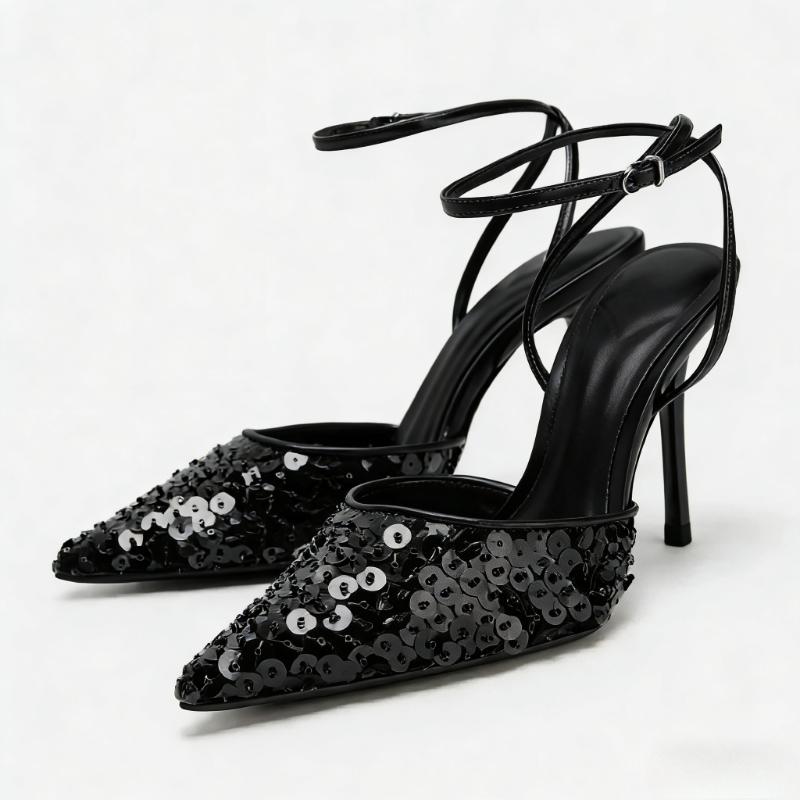 

Shiny Sequin Decorated Gold Heels Women Fashion Pointy Toe Ankle Strap Buckle Design High Heeled Sandals Luxury Party Dress Shoe 42