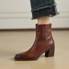Autumn and Winter Women's Leather Boots Rubber Soft Sole Large Size Women's Boots Middle Heel Square Head Versatile Side Zipper Cowhide Low Boots