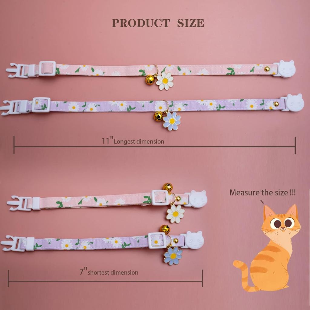 2 Pack Cotton Breakaway Cat Collars with Bell Flower Pendant Kitty Kitten Collars Pink Purple Collar for Female Girl Cats Male Boy Cats