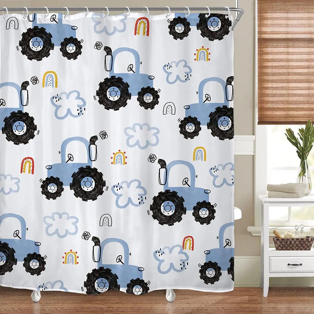 Kid Excavator Shower Curtain Tractor Mechanic Truck Construction Vehicle Boys' Bulldozer Crane Hanging Curtains Bathroom Decor