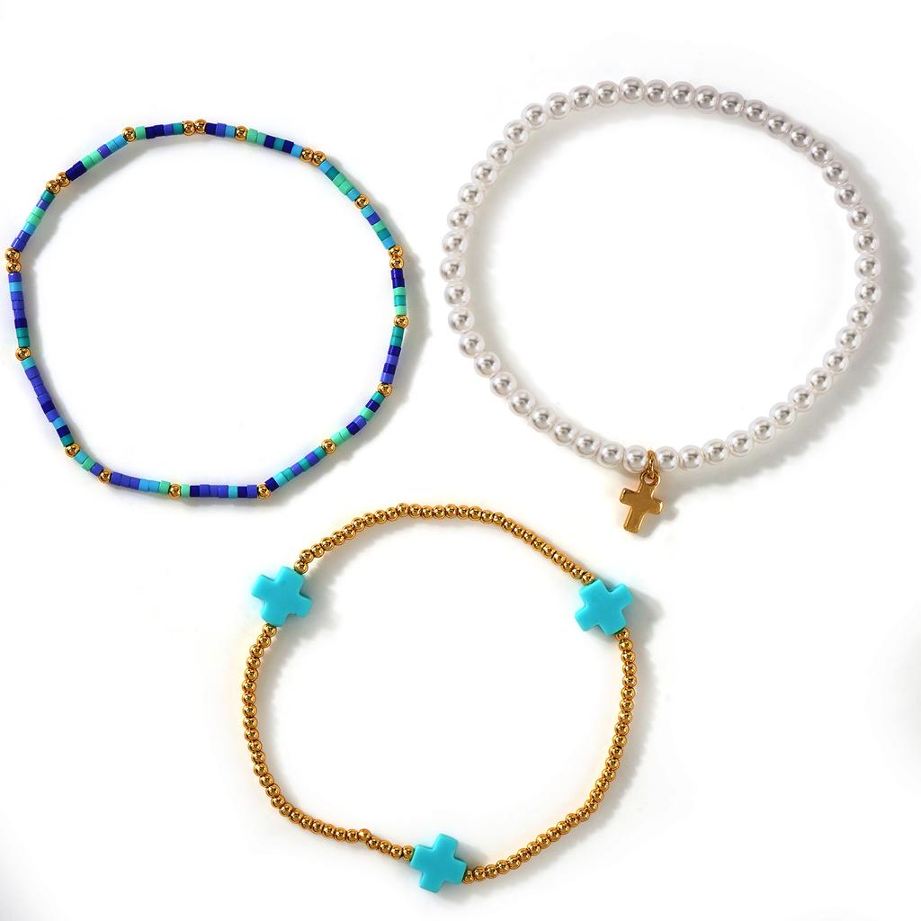Go2boho 3Pcs Cross Beaded Bracelets for Women, Pearl Look Colorful Stackable Stretch Bracelet Set Boho Jewelry Gifts