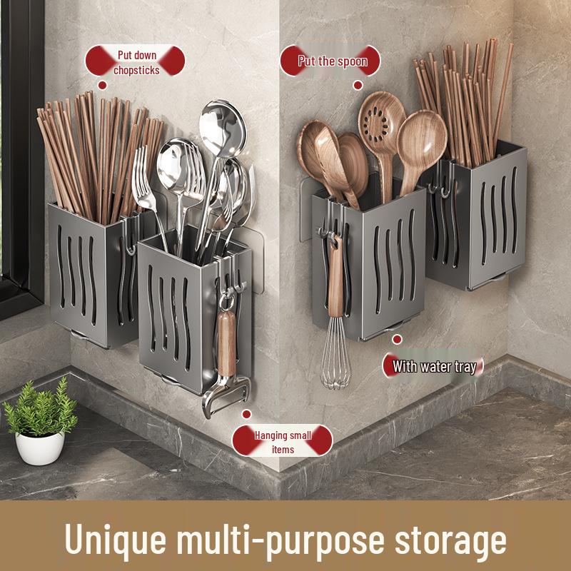 Wall-Mounted Breathable Chopstick & Spoon Holder with Drainage