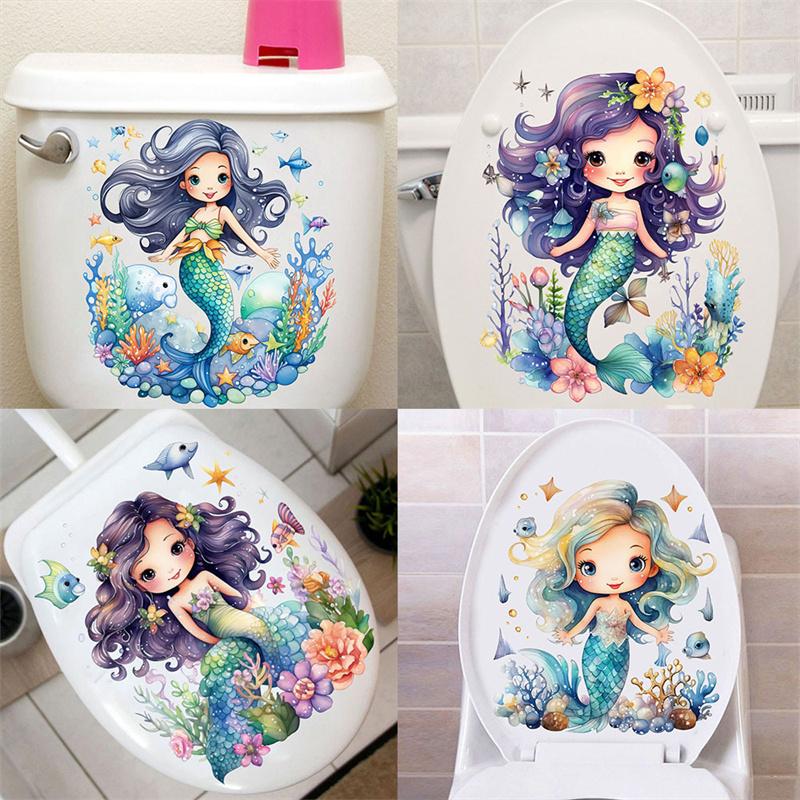 Mermaid Princess Toilet Stickers PVC Self-adhesive Waterproof Bathroom Decals Mural Sticker