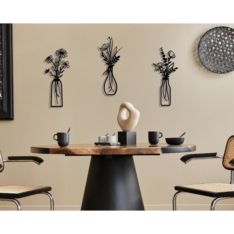 3 Pieces of Metal Floral Wall Art - Rural Farmhouse Decoration Black Minimalist Floral Wall Decoration