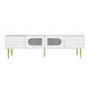 Elegant 170*35*50cm TV Cabinet – White Body with Golden Legs and Handles, 2 Doors with Vertical Grooves, 2 Doors with Arched Glass, 35KG Load Capacity