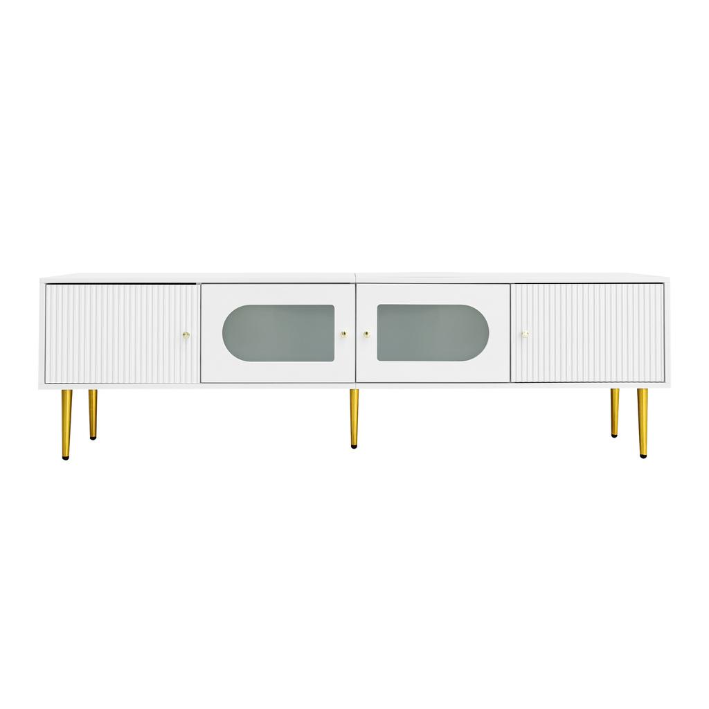 Elegant 170*35*50cm TV Cabinet – White Body with Golden Legs and Handles, 2 Doors with Vertical Grooves, 2 Doors with Arched Glass, 35KG Load Capacity
