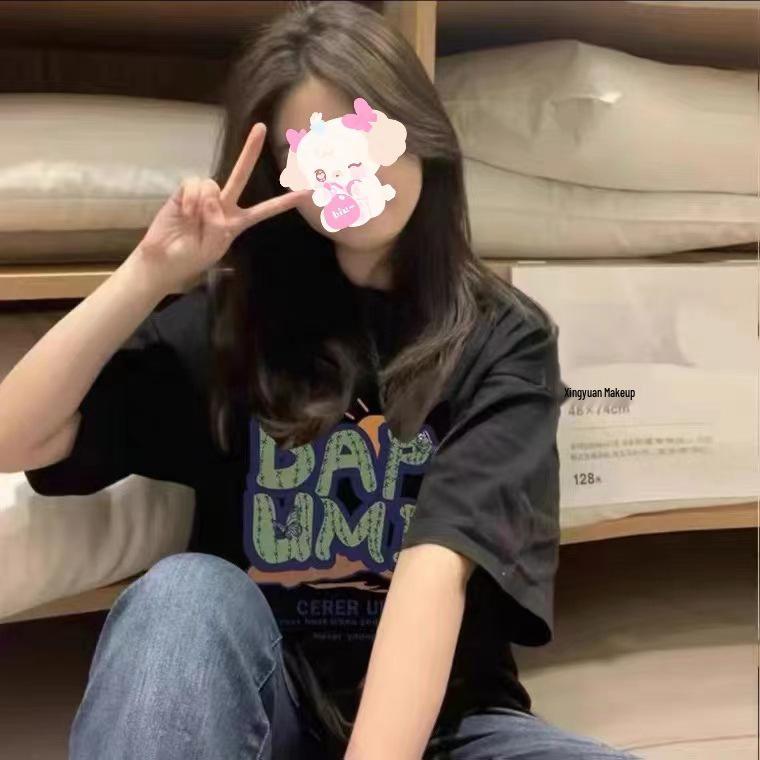 

Модная женская футболка больших размеров, омолаживающая, 2024: Универсальный и свободный модный топ для студенток S