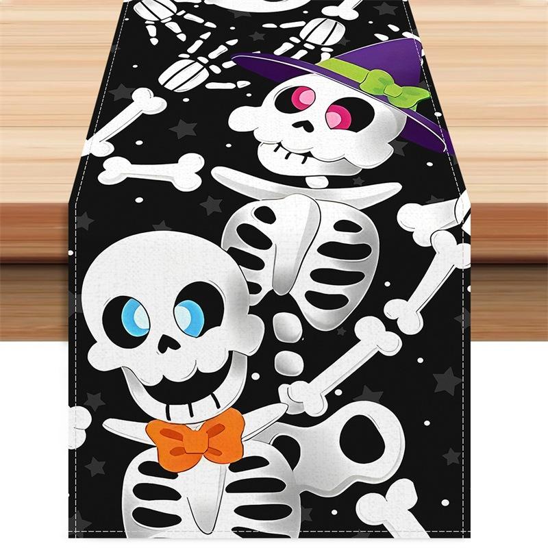 

1pc White Black Halloween Table Runner Skeleton Pattern Waterproof Reusable Tablecloth for Halloween Themed Party Decoration 33x183cm
