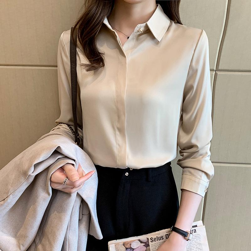 Damska biała satynowa koszula formalna z długim rękawem 2025: Odporna na zagniecenia, wysokiej klasy odzież profesjonalna na jesień/zimę do nauczania i na rozmowy kwalifikacyjne