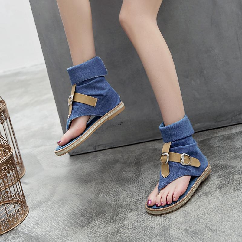 High Top Flip Flops Women Sandals Custom Denim Roman Gladiator Sandals Summer Ladies Beach Shoes Female Flat Sandalias WSH3894