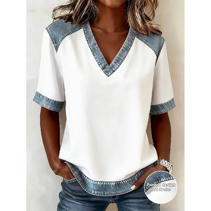 Summer New Women s Elegant Printed V-Neck Short Sleeve T-Shirt Casual Patchwork Loose Top XL белый