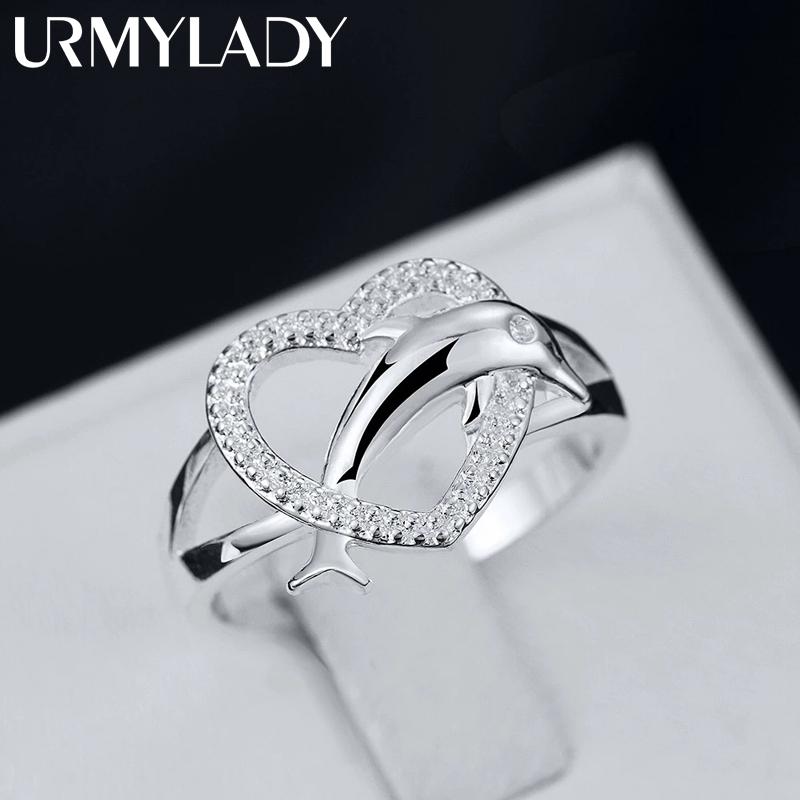 

High quality 925 Silver fine Love dolphins heart Rings For Women Couple gifts Fashion Party wedding Jewelry 7