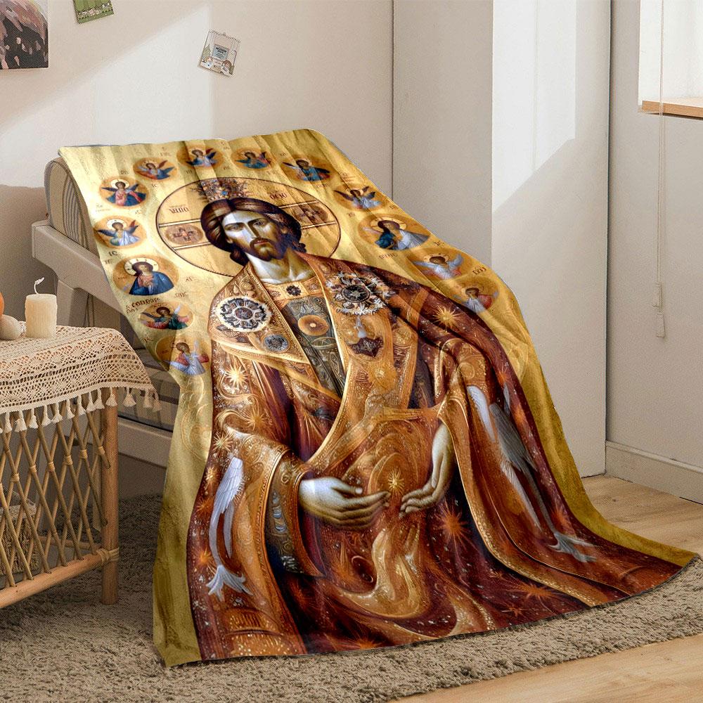 Gold Intricate Robes Adorned with Celestial and Angelic Motifs. for All Seasons Blanket Lunch Break Throw Gift