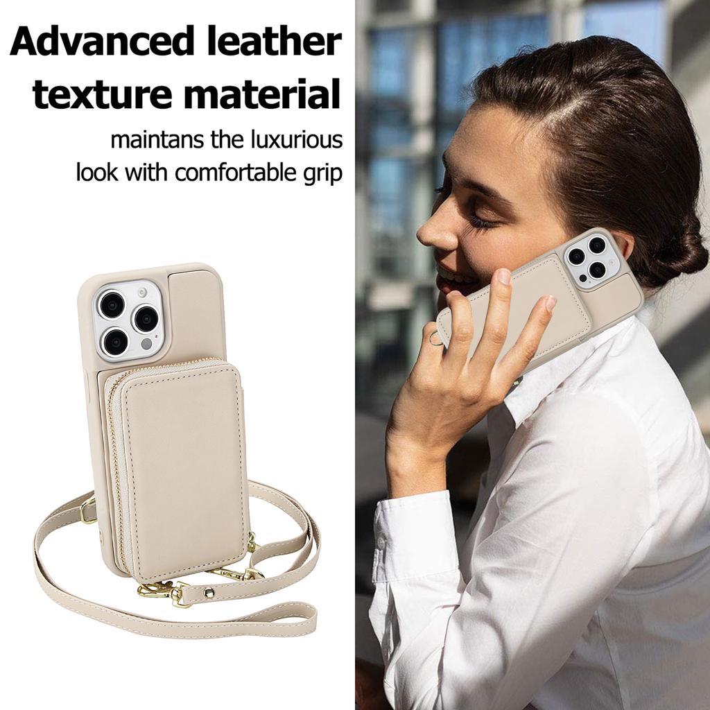 For iPhone 15 Pro Case RFID Blocking Zipper Wallet Leather + TPU Phone Cover with Shoulder Strap