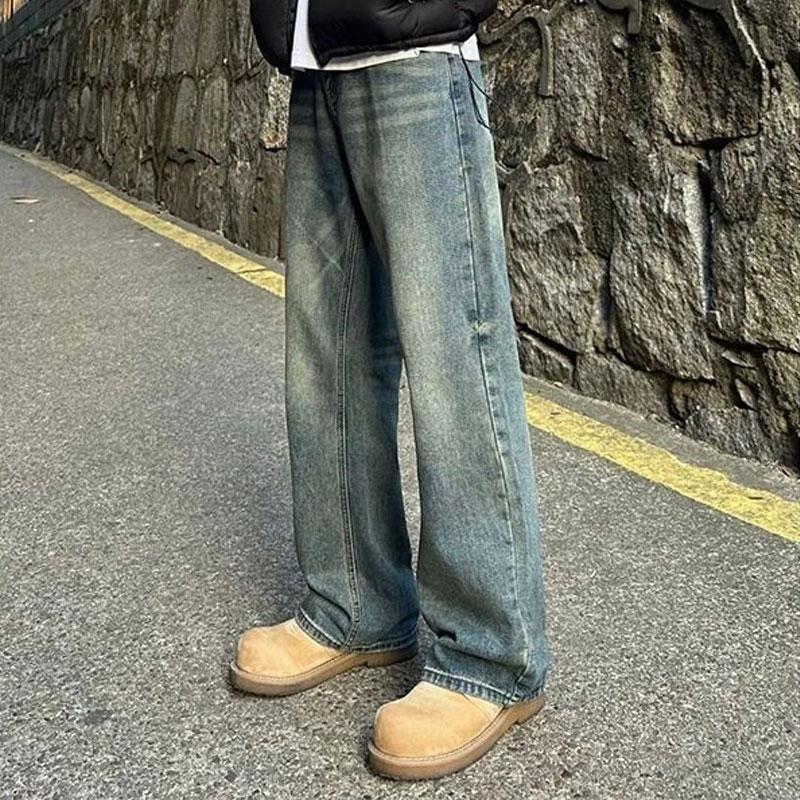 Retro Blaue Lockere Amerikanische High Street Jeans Frühling Herbst Gerade Herrenbekleidung Modische Basic Mittlere Taille Lässige Hose